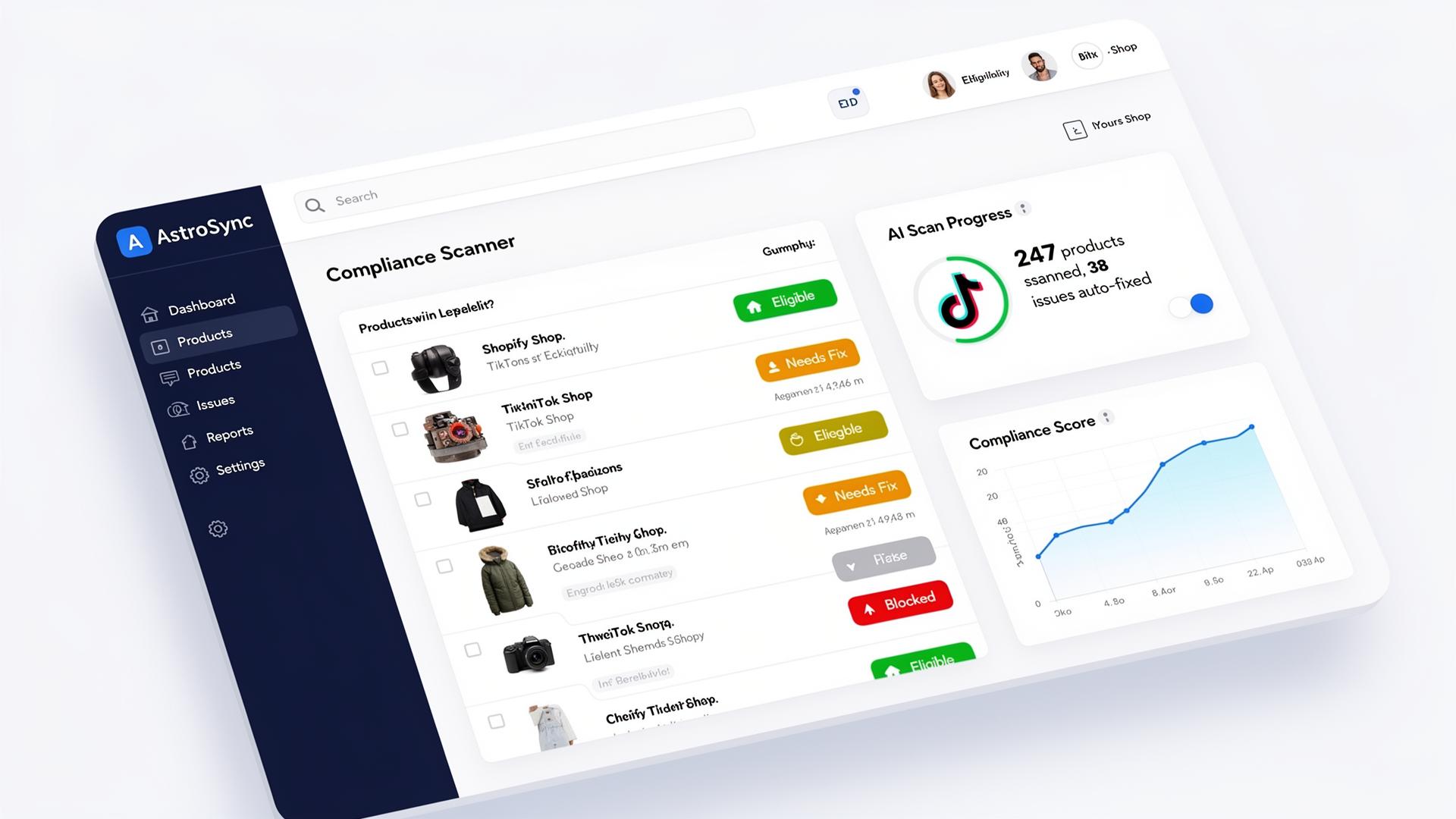 AstroSync dashboard scanning Shopify products for TikTok Shop eligibility